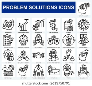 Problem Solutions icon set collection. Containing design Growth Mindset, Brainstorm, Literacy, Networking, Problem Solving, Collaboration