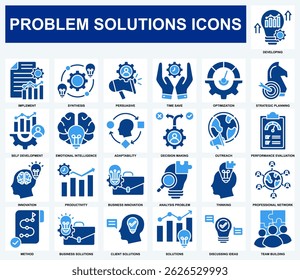 Conjunto de iconos de soluciones de problemas colección. Diseño de Contenidos Desarrollo, Implementación, Soluciones, Innovación, Planificación Estratégica, Análisis de Problemas