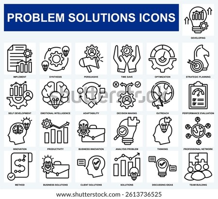 Problem Solutions icon set collection. Containing design Developing, Implement, Solutions, Innovation, Strategic Planning, Analysis Problem