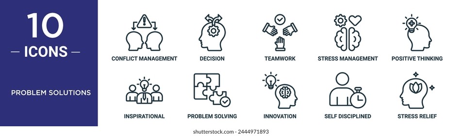 Problemlösungen Gliederungssymbole umfassen Konfliktmanagement, Entscheidung, Teamarbeit, Stressmanagement, positives Denken, inspirierend, Problemlösungssymbole für Bericht, Präsentation,