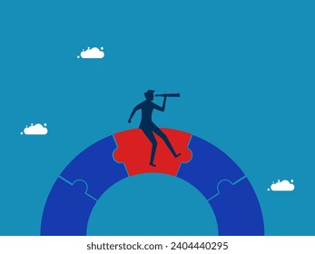 Problem solved successfully. Businessman looking into binoculars on jigsaw bridge. vector 