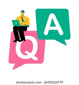 Solução de problemas ou conceito de conselho. Empresário trabalhando em conversas com perguntas e respostas. Ilustração de vetor plano isolada no plano de fundo branco
