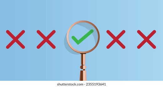 Problem solving, analysis and correction concept. Finding a solution or answer. magnifying glass focusing on the right mark symbol. vector