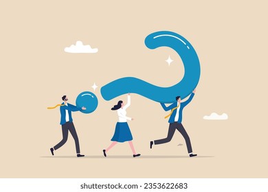 Problem solving, asking question or finding solution for difficulty, teamwork to solve problem or answer, confusion or brainstorm concept, business people colleagues help carry big question mark.