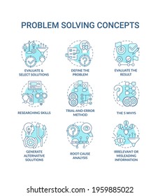 Problem solving blue concept icons set. Evaluate and select solution. Researching skills. Creative thinking idea thin line RGB color illustrations. Vector isolated outline drawings. Editable stroke