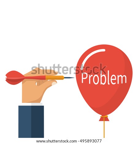 Problem solving, business concept. Acute dart darts in businessman hands prick a balloon. Vector illustration flat design. Isolated on white background.