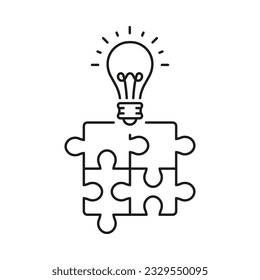 Solución de problemas, Pictograma lineal de innovación empresarial. Visera con signo de contorno de bombilla. Icono de línea de concepto de solución creativa, rompecabezas y bombillas. Stroke editable. Ilustración de vectores aislados.