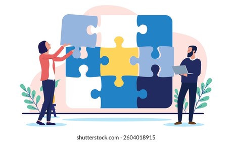 Problem solving business puzzle - Two businesspeople building and completing task together using puzzle pieces. Teamwork, collaboration and finishing project concept in flat design vector illustration