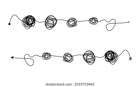 Solução de problemas e caos de solução de negócios simplificando caoticamente emaranhado desenho de linha. Complexo e fácil maneira simples do início ao fim rabiscar linhas de caos ilustração vetorial.