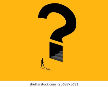 Problem solving. Businessman on the stairs in question mark on the wall