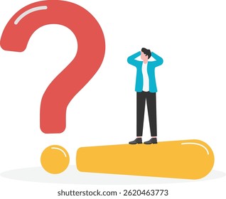 Problem and problem solving, businessman standing on question mark and exclamation mark


