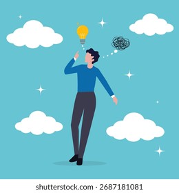 Problem solving, businessman thinking with mess problem and lightbulb idea. Solving business difficulty concept, opportunity discovery, creativity to solve frustrated problem. Vector illustraton.