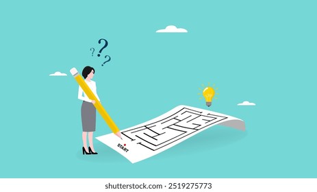 problem solving, businesswoman solving a labyrinth puzzle to get a solution, business people with maze puzzle, logical thinking to solve problem, creative strategy looking for way to success