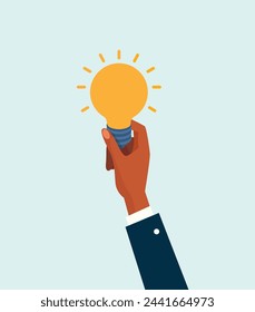 Problem solving by coming up with solutions and great ideas. A hand holding a lightbulb as conceptual vector illustration that represent aha-moment. 