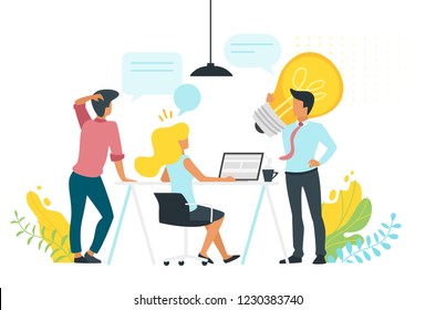 Problem solving concept with business people talk and communicate. Businessman holding big light bulb as an idea. Modern office. Minimalism design with people silhouettes and speech bubbles.