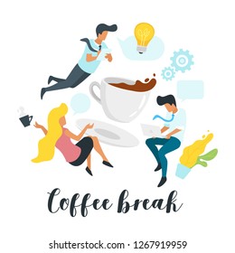 Problem solving concept with business people talk and communicate around big coffee cup. Social networking concept. Minimalism design with people silhouettes and speech bubbles. Idea and gears icon.