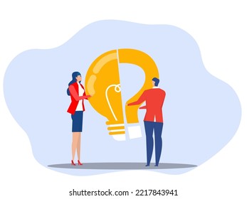 concepto de resolución de problemas, los empresarios que están con signos de interrogación ayudan a poner la lámpara a medio camino para resolver el problema brillante. Ilustración de diseño Creative.vector.
