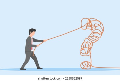 PROBLEM SOLVING CONCEPT. A BUSINESSMAN PULLING OUT A TANGLED ROPE.VECTOR ILUSTRATION OF FINDING SOLUTION FOR COMPLICATED PROBLEM