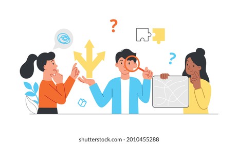 Problem solving concept. Characters are confused. Search for the right solutions. Brainstorming and generating new ideas. Cartoon doodle flat vector illustration isolated on a white background