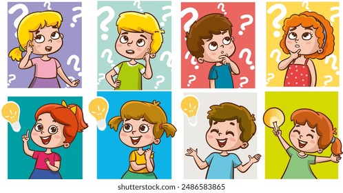 Problem solving concept. Cute kid boy thoughtful ask question. confused kid and happy to understand or light bulb found answer. cartoon vector illustration