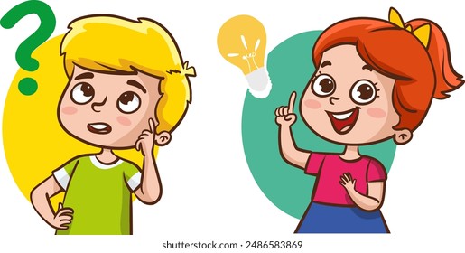 Problem solving concept. Cute kid boy thoughtful ask question. confused kid and happy to understand or light bulb found answer. cartoon vector illustration