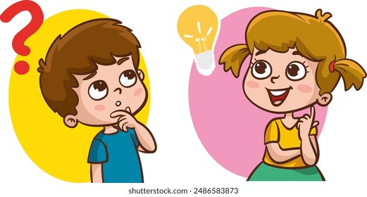 Problem solving concept. Cute kid boy thoughtful ask question. confused kid and happy to understand or light bulb found answer. cartoon vector illustration