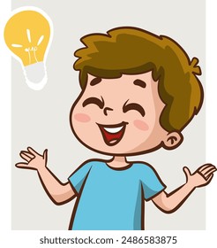 Problem solving concept. Cute kid boy thoughtful ask question. confused kid and happy to understand or light bulb found answer. cartoon vector illustration