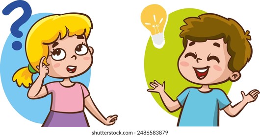 Problem solving concept. Cute kid boy thoughtful ask question. confused kid and happy to understand or light bulb found answer. cartoon vector illustration