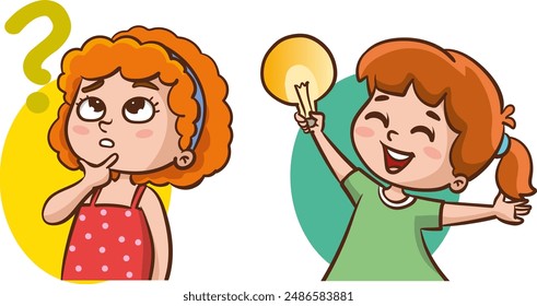 Concepto de resolución de problemas. Lindo niño niño pensativo hacer una pregunta. niño confundido y feliz de entender o la bombilla encontró respuesta. Ilustración vectorial de dibujos animados