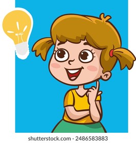 Problem solving concept. Cute kid boy thoughtful ask question. confused kid and happy to understand or light bulb found answer. cartoon vector illustration