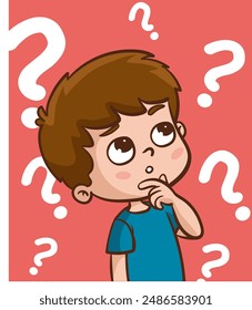 Problem solving concept. Cute kid boy thoughtful ask question. confused kid and happy to understand or light bulb found answer. cartoon vector illustration