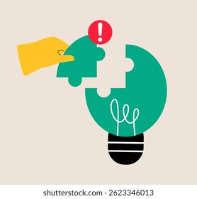 Problem solving concept. Hand assemble together jigsaw Light bulb puzzle pieces. Colorful vector illustration
