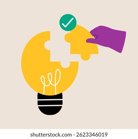Problem solving concept. Hand assemble together jigsaw Light bulb puzzle pieces. Colorful vector illustration

