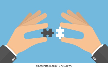 Problem solving concept. Hands putting puzzle pieces together. Flat style