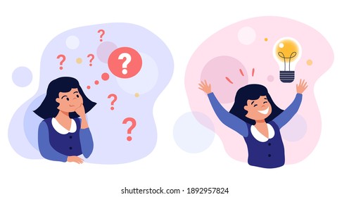 Problem Solving Concept Illustration, Cute Girl Thinking - Trying To Find A Solution With Question Mark And Happy With Light Bulb Creative Idea