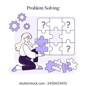 Problem Solving concept. Illustration of a woman piecing together a puzzle, a metaphor for finding the right solution to a problem with strategic thought. Represents analytical skills. Flat vector