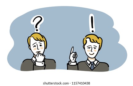 Problem solving concept. Man thinking - with question mark, man got answer (creative idea) with exclamation mark. Vector illustration in flat outline style isolated on blue background.