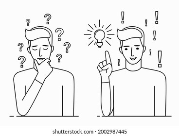 Problem solving concept. A man thinks about a problem and finds a solution. A question mark and a light bulb are symbols of this process. Line art vector illustration isolated on white background.