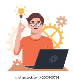 Problem solving concept. A man thinks and solves a problem. A boy with laptop. A luminous bulb as symbol of the appearance of a creative idea. Cartoon flat illustration isolated on white background.