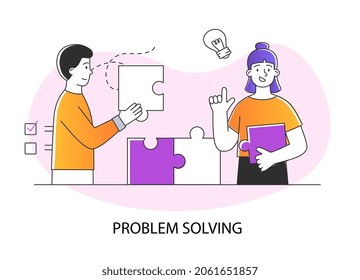 Problem solving concept. Man and woman hold puzzle pieces and connect them. Overcoming obstacles and achieving goals. Success Strategy. Cartoon modern flat vector illustration with inscription