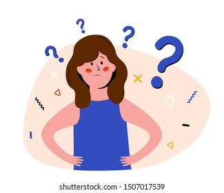 Problem Solving Concept. Pensive girl and question mark in speech bubble. Young woman solves her problems. Flat vector illustration