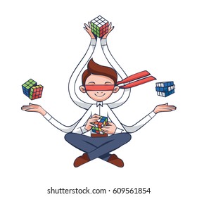 Problem Solving Concept with IT Professional Multi-Tasking while Meditating in Yoga - Isolated Illustration in Flat Vector, Contrasting White and Blue