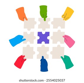 Problem solving concept. Raised hand of men and women holding a jigsaw puzzle piece. Colorful vector illustration
