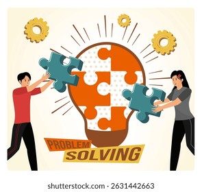 Problem Solving Concept. Teamwork and problem-solving, featuring team members fitting puzzle pieces into a bright idea light bulb structure.