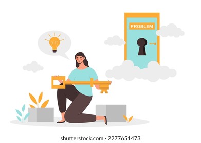 Concepto de resolución de problemas. Una mujer con una gran llave dorada se para cerca del agujero de cerradura. Carácter creativo con idea y perspicacia, lluvia de ideas. Mujer joven con bombilla. Dibujo vectorial plano de dibujos animados