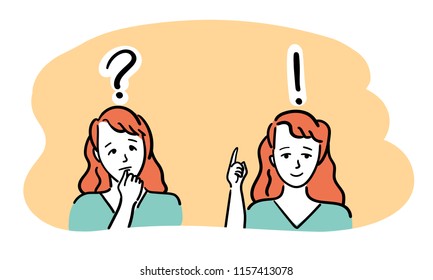 Problem solving concept. Woman thinking - with question mark, girl got answer (creative idea) with exclamation mark. Vector illustration in flat outline style isolated.