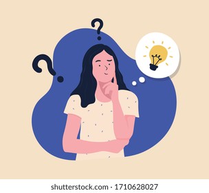 концепция решения проблем, мышление женщины, с вопросительным знаком и значками лампочки. творческая идея. Рисованные векторные иллюстрации дизайна