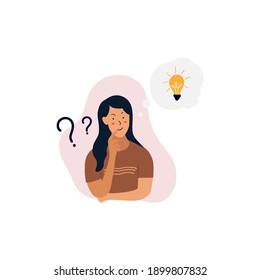 Problem solving concept, woman thinking with question mark and light bulb icons vector. Hand drawn style vector design illustrations