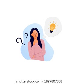 Concepto de resolución de problemas, pensamiento de la mujer con signo de interrogación y vectores de bombilla. Ilustraciones de diseño vectorial de estilo dibujado a mano