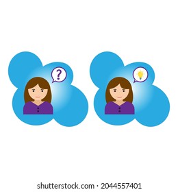concepto de resolución de problemas, pensamiento de la mujer, con signo de interrogación e iconos de bombilla. idea creativa. Ilustraciones de diseño de vectores de estilo dibujado a mano EPS 10
